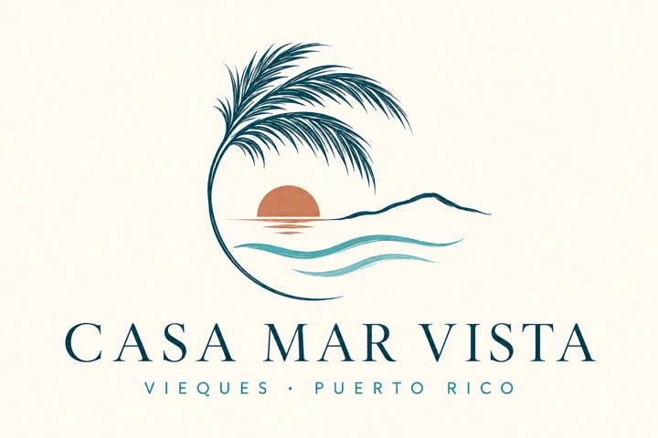 Casa Mar Vista logo with palm, sunset, and ocean waves