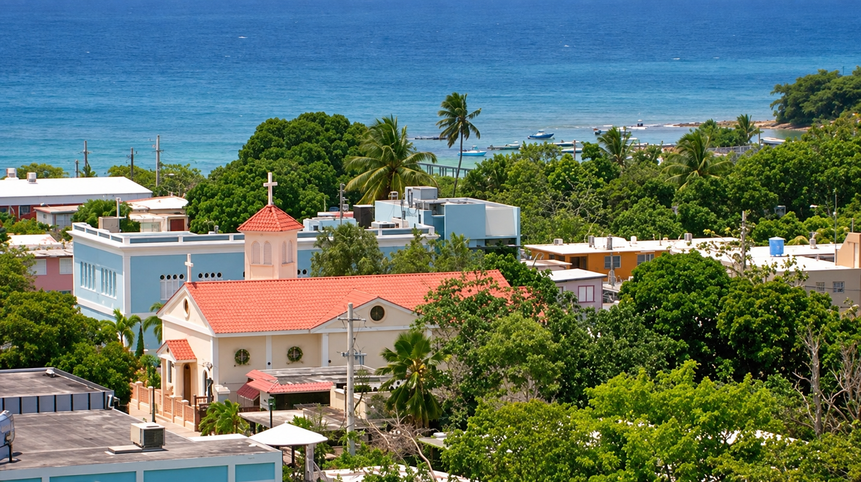 Colorful town buildings surrounded by greenery